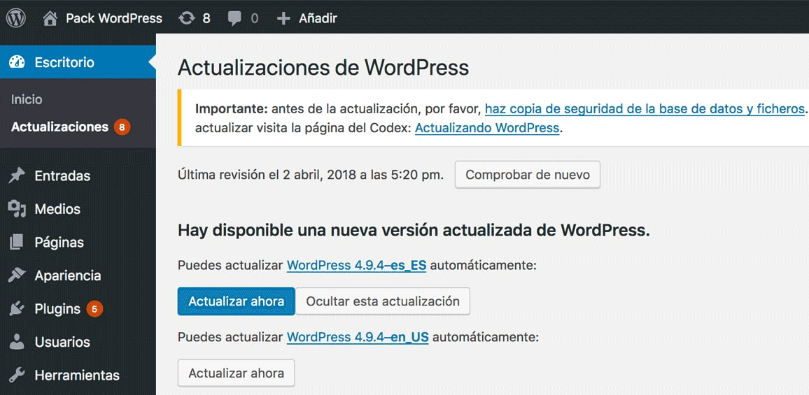 Actualizar Core de WP